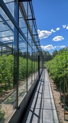 Obraz premium A modern greenhouse with a long pathway and glass panels under the bright blue sky, promoting sustainable agriculture