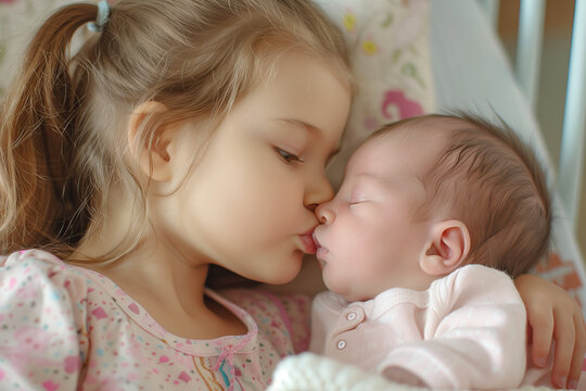 Portrait of big sister cuddling newborn, little baby. Newborn baby sleeping with his sister, kissing her on the forehead. Sisterly love, joy for new family member.