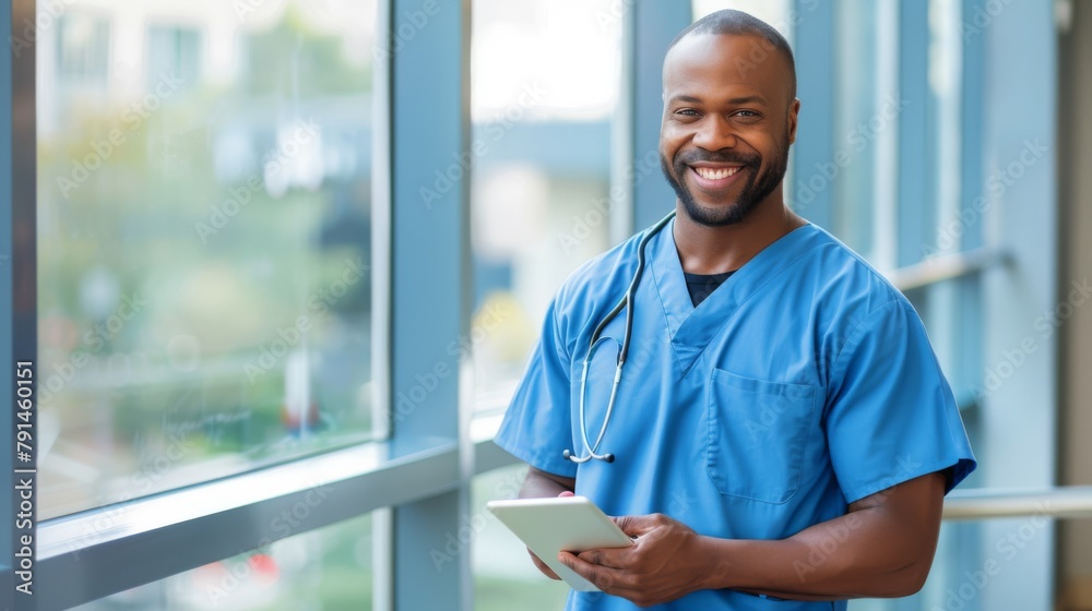 Wall mural smiling healthcare professional with tablet