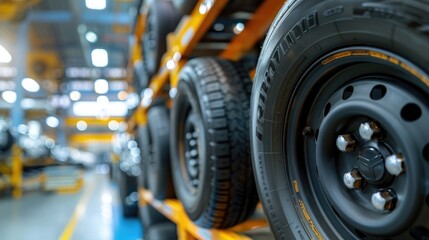 Fototapeta premium Car tires in warehouse. Automotive industry and transportation concept. Blurred background