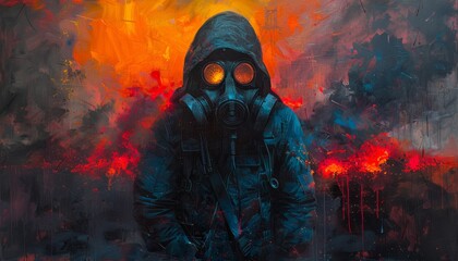 A post-apocalyptic painting of a man wearing a gas mask standing in front of an orange and red background. - obrazy, fototapety, plakaty