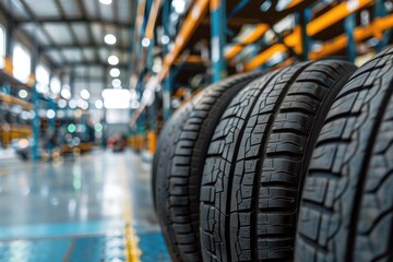 Fototapeta premium Car tires in warehouse. Automotive industry and transportation concept. Blurred background