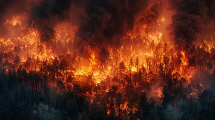 A raging forest fire at night. - obrazy, fototapety, plakaty