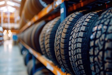 Car tires in warehouse. Automotive industry and transportation concept. Blurred background