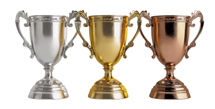 Three gold, silver, and copper trophies, with the gold championship trophy in the middle, the champion, the top three, and the Olympic spirit