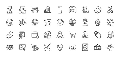 Sausage, Winner cup and World insurance line icons pack. AI, Question and Answer, Map pin icons. Recovery gear, Music phone, Cake web icon. Yummy smile, Calendar, Like photo pictogram. Vector