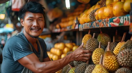 A man Solo traveler tasting durian fruit at a market stall in Malaysia.