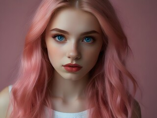 Portrait of a teenage girl or young woman with blue eyes and pink hair.