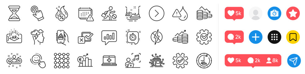 Music, Timer and Mindfulness stress line icons pack. Social media icons. 48 hours, Medical help, Cogwheel web icon. Euro rate, Notification, Food app pictogram. Vector