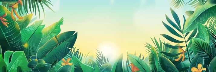 Lush green jungle foliage backdrop with a hint of tropical birds and a misty sunrise effect, serene and fresh