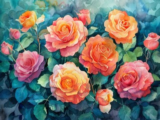 Vibrant watercolor portrait of roses, handdrawn with bright colors to capture their natural beauty and delicate details