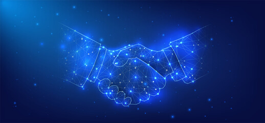 Futuristic Digital Handshake on Starry Sky Background. Conceptual illustration of a networked digital handshake against a celestial backdrop, symbolizing connectivity and agreements in the digital age - obrazy, fototapety, plakaty