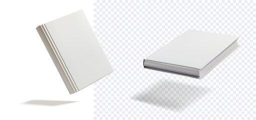 Blank White Book and Magazine Mockup Isolated on Transparent Background. Realistic mockup of a closed white book and magazine with soft shadows, perfect for design presentations and branding. Vector