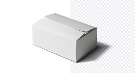 Fototapeta premium Blank White Packaging Box on Transparent Background. A pristine white packaging box with an open lid, ready for branding and design, presented on a transparent backdrop. Vector illustration
