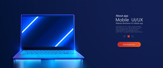 Futuristic mockup Laptop with Neon Blue Glowing Lines on Dark Background. Stylish modern laptop emitting cool blue neon lights, ideal for technology and innovation themes. Vector illustration