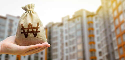 South korean won bag against the background of modern high-rise buildings. Investing in the...
