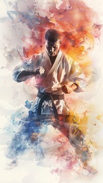 A watercolor painting of a man in a karate stance.