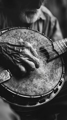Capture the banjo players right hand, fingers plucking the strings in a rapid, rhythmic pattern, creating a quintessential bluegrass sound - obrazy, fototapety, plakaty