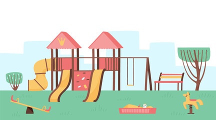 The concept of a play complex for a princess girl in the park. Fun games outside. Fun slides, sandbox and swings. Flat vector illustration