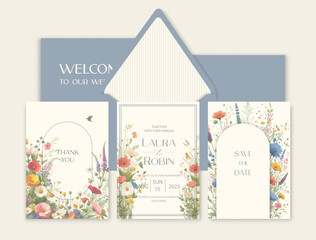 Luxury wedding invitation card background with watercolor wild flowers and botanical leaves.