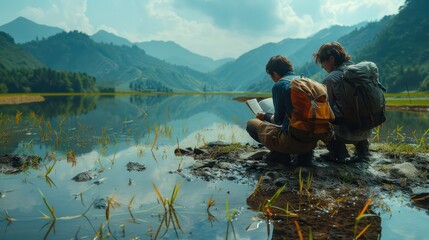 Solo backpacker learning from a Vietnamese farmer about rice cultivation.