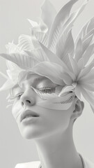 An artistic monochromatic portrait of a person with eyes closed, adorned with intricate floral patterns.