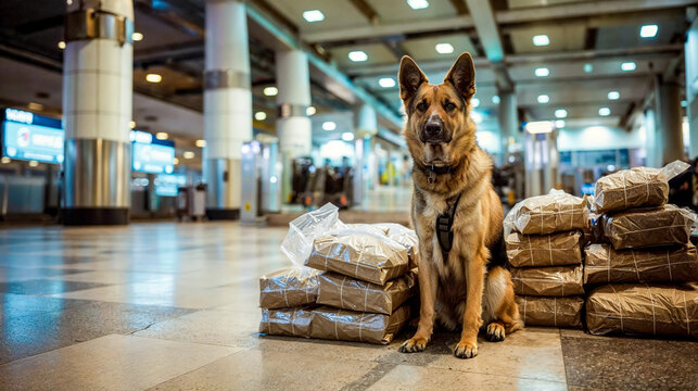 un chien des douanes pose &agrave; c&ocirc;t&eacute; de la saisie de drogue du jour &agrave; l'a&eacute;roport