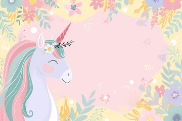 Obraz na płótnie Canvas Pastel Unicorn Background Frame. Unicorn Invitation Templates. Background with flowers