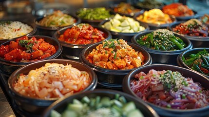 Colorful display of South Korean banchan in a traditional restaurant. - obrazy, fototapety, plakaty