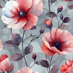Graceful Seamless Watercolor Flowers on Muted Grey Background