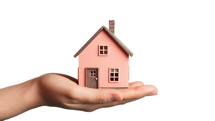 Fototapeta na wymiar hand holding toy cute house on palm, isolated png on transparent background, real estate, buy, sell, rent concept