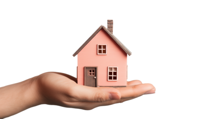 
hand holding toy cute house on palm, isolated png on transparent background, real estate, buy, sell, rent concept