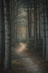 A narrow forest path disappearing into the distance, flanked by tall trees with minimal foliage. The muted color palette and soft natural light filtering through the canopy