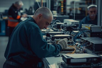 Skilled electronics assembly line workers collaborating in an industrial setting to assemble electronic gadgets with precision and technical expertise in a manufacturing factory environment