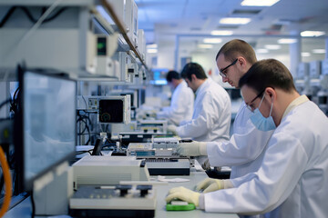 Photo of focused employees working on assembling electronic gadgets in a modern laboratory setting
