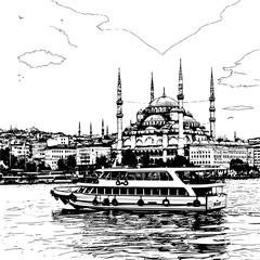 Black and White Line Art of Istanbul City, Simplistic Design