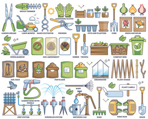 Basic gardening tools and agriculture essentials outline collection set, transparent background. Labeled garden work elements for seedling, growing, watering or composting illustration.