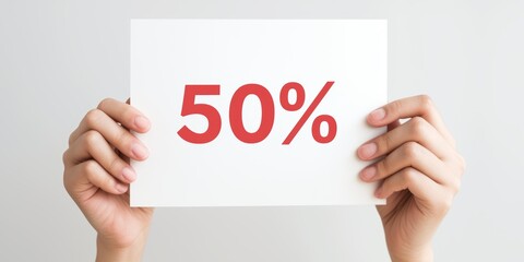 Hands, 50% discount, and studio sign isolated on white. Poster, sales promotion, half-price offer Retail marketing discounts and 50% clearance promotion