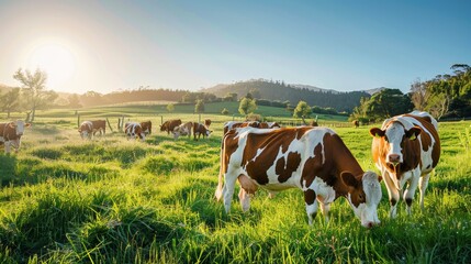 Cows, photograph, and farm for dairy, meat, and beef in rural South Africa. Hereford cattle, groups of livestock in grass for agriculture - obrazy, fototapety, plakaty