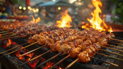 Laos street food scene with sticky rice and grilled meats.