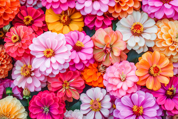 Fototapeta premium Beautiful colorful zinnia and dahlia flowers in full bloom, close up. Natural summery texture for background.