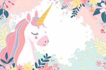 Obraz premium Pastel Unicorn Background Frame. Unicorn Invitation Templates. Background with flowers