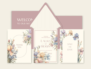 Luxury wedding invitation card background with watercolor iris flowers and botanical leaves.