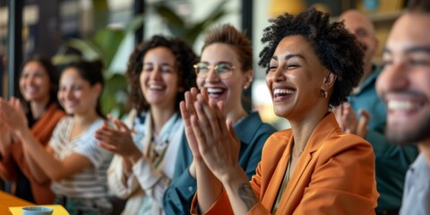 Obraz premium Diverse businesspeople meeting in an office. Businesspeople celebrating each other's success. Happy businessman praised by coworkers