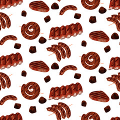 A pattern with sausages, steak, barbecue, grilled ribs. Barbecue and outdoor cooking. It is suitable for decoration of summer themes, food packaging or restaurant menus. Vector seamless illustration