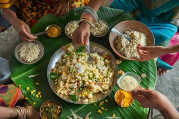 Overhead view of a family's hands serving and eating a nutritious meal on banana leaves
