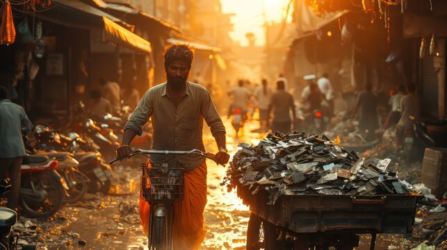 Asia Man pushing a cart full of scrap metal through an alley. - Powered by Adobe