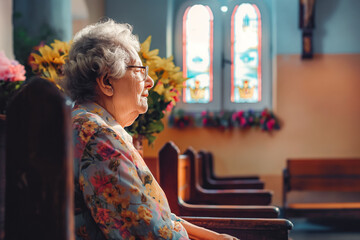 Elderly woman sitting on the bench in small church and praying