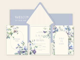 Luxury wedding invitation card background with watercolor climbing peas flower and botanical leaves.