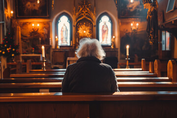 Elderly woman sitting on the bench in small church and praying